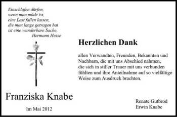 Anzeige von Franziska Knabe von Schwäbische Zeitung