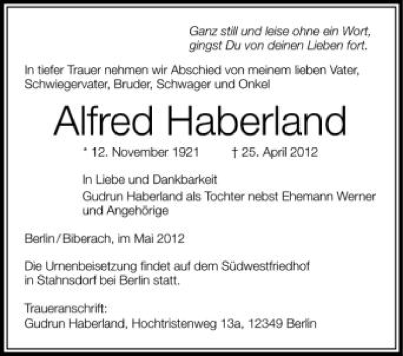 Traueranzeige für Alfred Haberland vom 08.05.2012 aus Schwäbische Zeitung