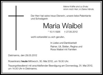 Anzeige von Maria Waibel von Schwäbische Zeitung