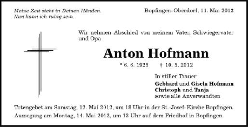 Traueranzeige für Anton Hofmann vom 11.05.2012 aus Schwäbische Zeitung