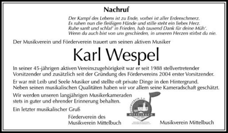  Traueranzeige für Karl Wespel vom 09.10.2012 aus Schwäbische Zeitung
