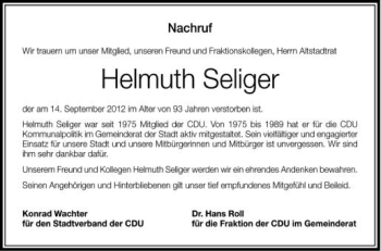 Anzeige von Helmuth Seliger von Schwäbische Zeitung