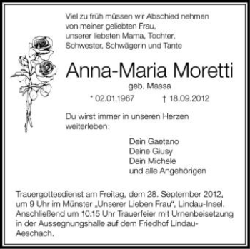 Anzeige von Anna-Maria Moretti von Schwäbische Zeitung