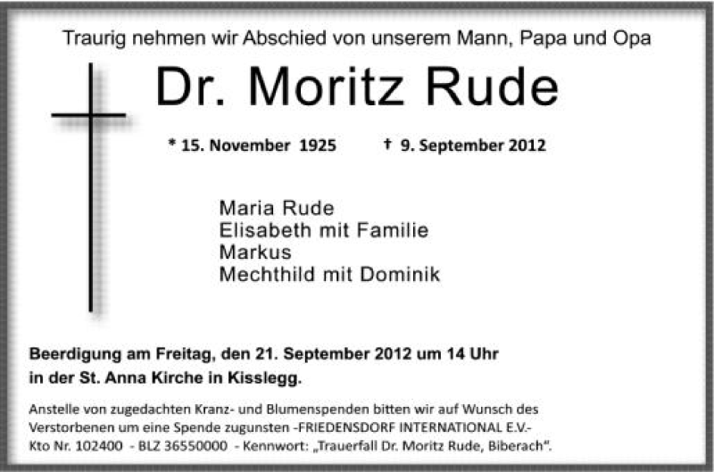  Traueranzeige für Moritz Rude vom 19.09.2012 aus Schwäbische Zeitung