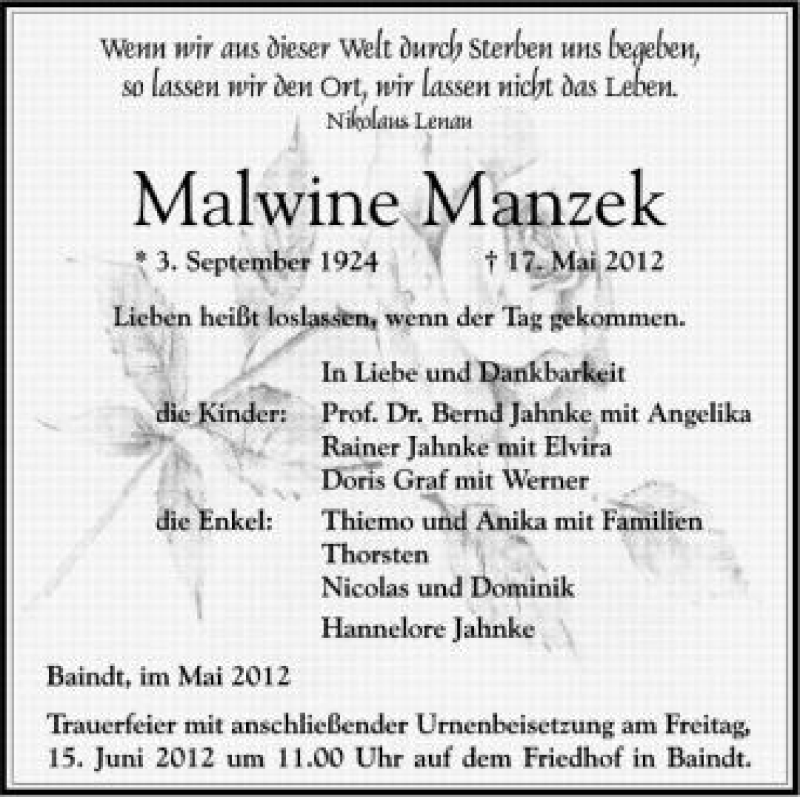  Traueranzeige für Malwine Manzek vom 26.05.2012 aus Schwäbische Zeitung