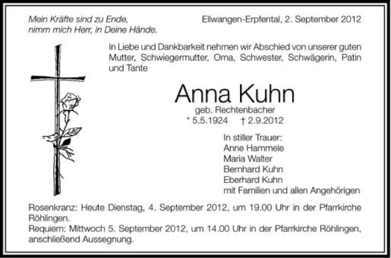  Traueranzeige für Anna Kuhn vom 04.09.2012 aus Schwäbische Zeitung