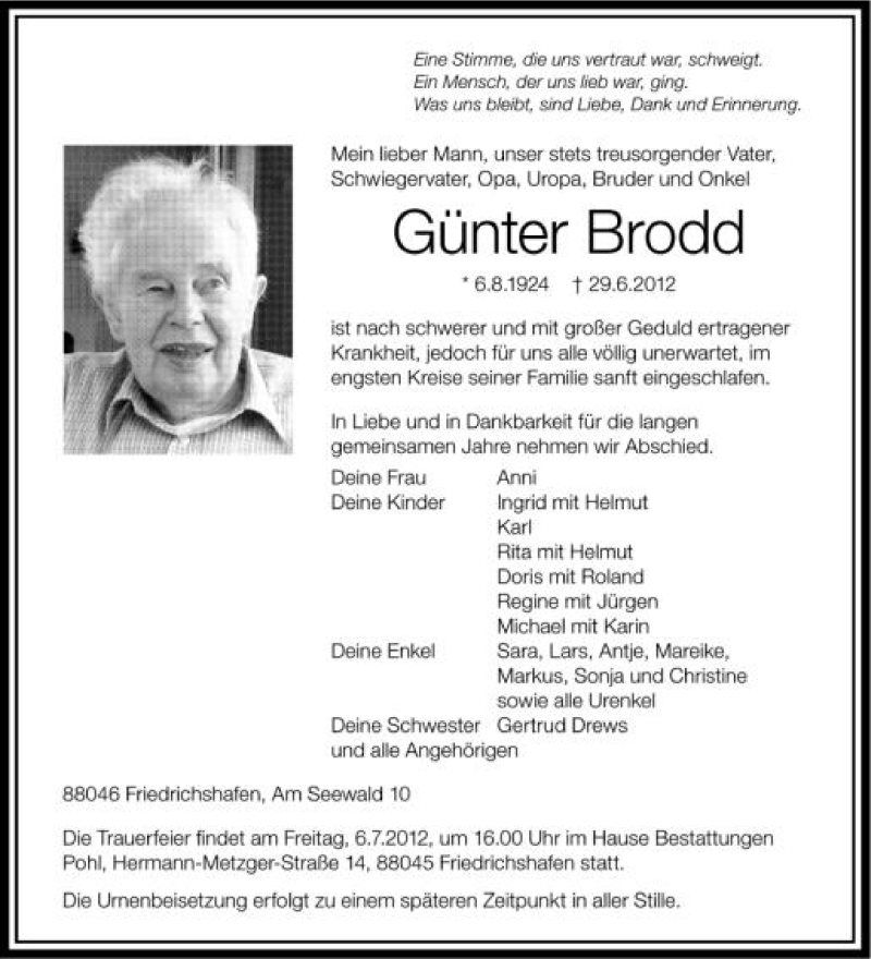  Traueranzeige für Günter Brodd vom 05.07.2012 aus Schwäbische Zeitung
