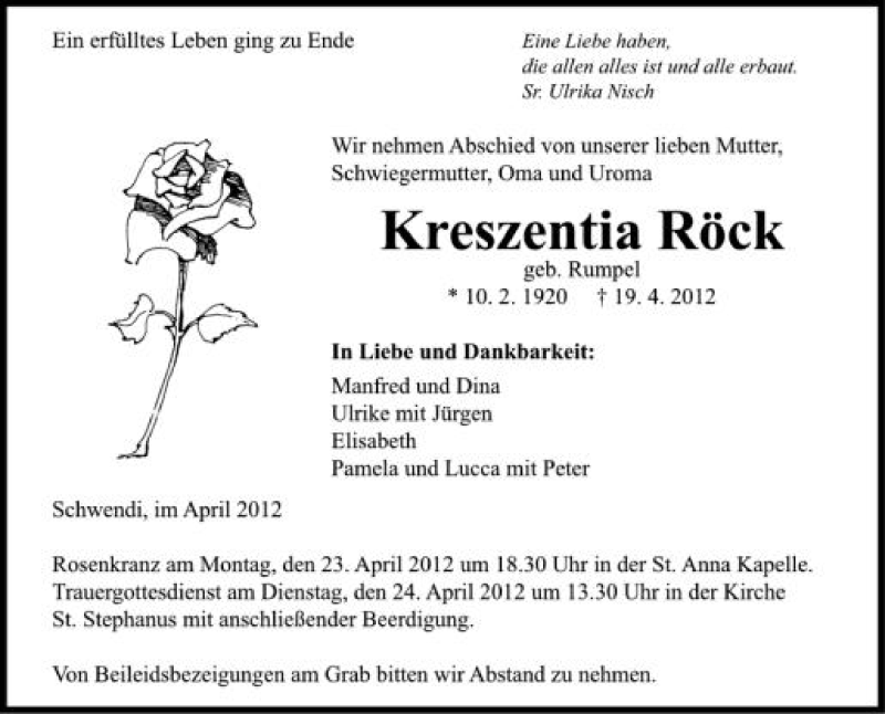 Traueranzeige für Kreszentia Röck vom 21.04.2012 aus Schwäbische Zeitung