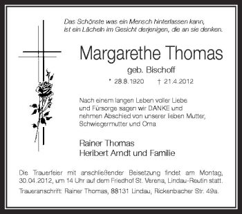 Anzeige von Margarethe Thomas von Schwäbische Zeitung