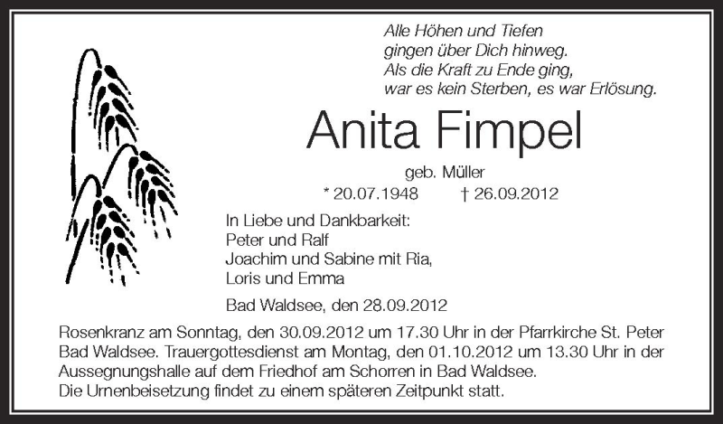  Traueranzeige für Anita Fimpel vom 28.09.2012 aus Schwäbische Zeitung
