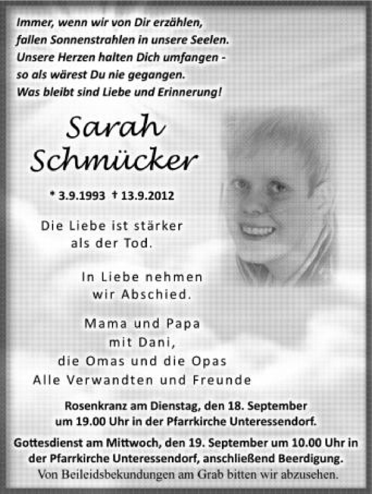  Traueranzeige für Sarah Schmücker vom 17.09.2012 aus Schwäbische Zeitung