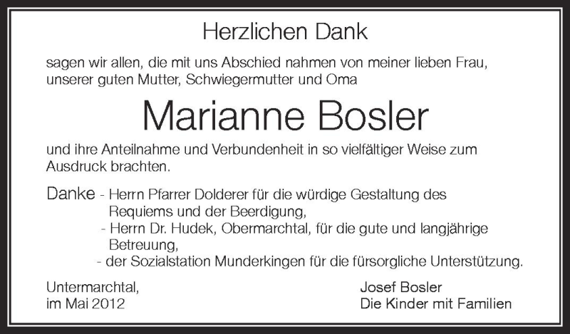  Traueranzeige für Marianne Bosler vom 30.05.2012 aus Schwäbische Zeitung