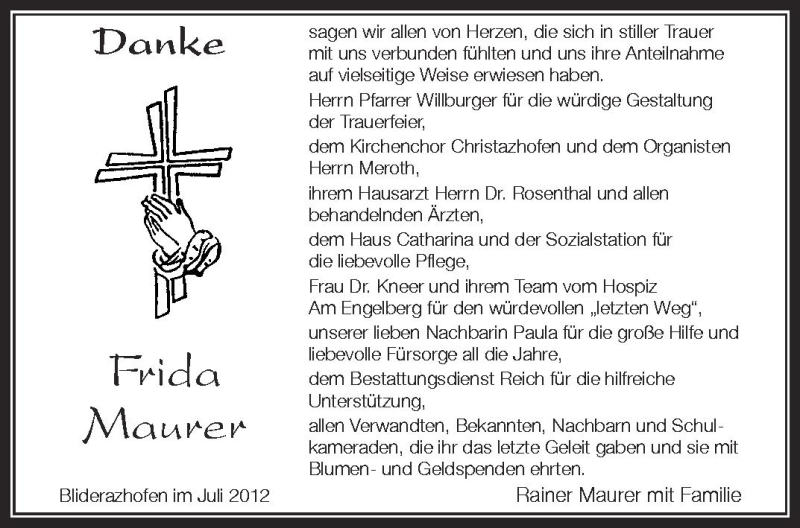  Traueranzeige für Frida Maurer vom 06.07.2012 aus Schwäbische Zeitung
