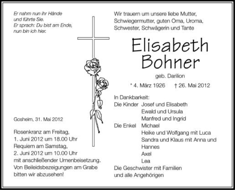  Traueranzeige für Elisabeth Bohner vom 31.05.2012 aus Schwäbische Zeitung