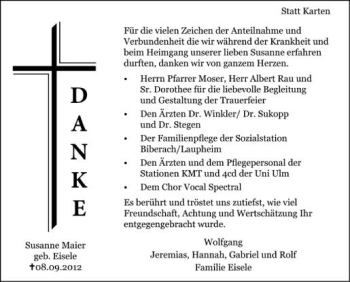 Anzeige von Susanne Maier von Schwäbische Zeitung
