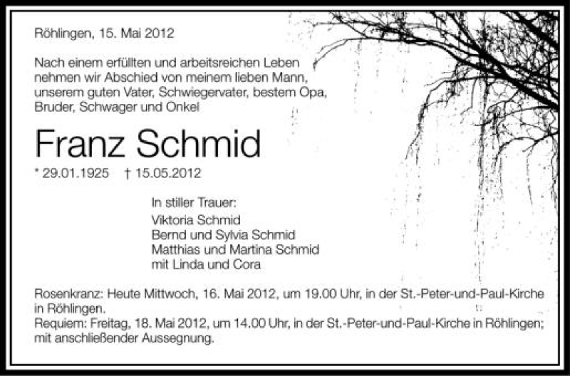  Traueranzeige für Franz Schmid vom 16.05.2012 aus Schwäbische Zeitung
