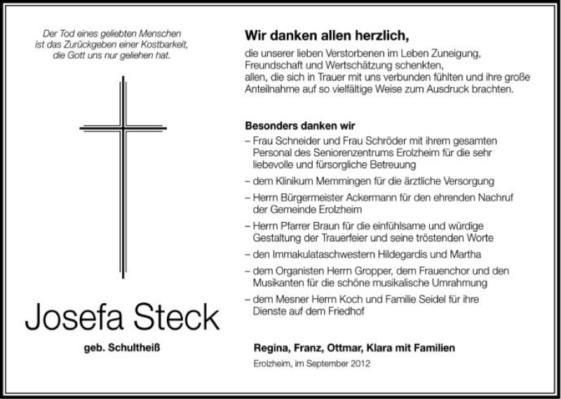  Traueranzeige für Josefa Steck vom 15.09.2012 aus Schwäbische Zeitung