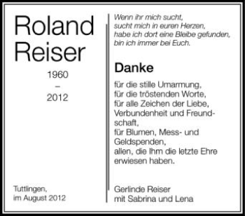 Anzeige von Roland Reiser von Schwäbische Zeitung