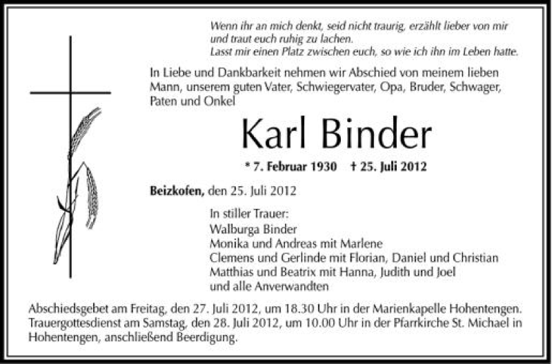  Traueranzeige für Karl Binder vom 26.07.2012 aus Schwäbische Zeitung