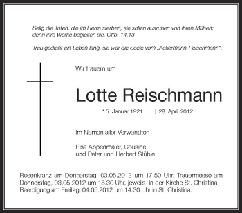 Anzeige von Lotte Reischmann von Schwäbische Zeitung