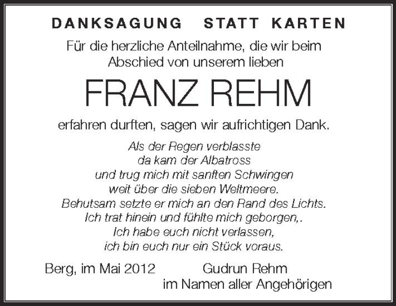  Traueranzeige für Franz Rehm vom 04.05.2012 aus Schwäbische Zeitung