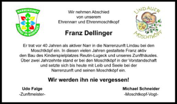 Anzeige von Franz Dellinger von Schwäbische Zeitung