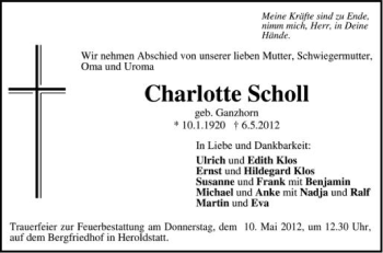Anzeige von Charlotte Scholl von Schwäbische Zeitung