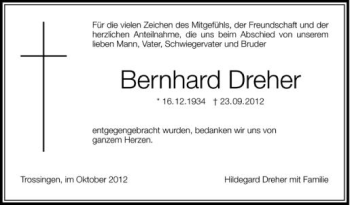 Anzeige von Bernhard Dreher von Schwäbische Zeitung