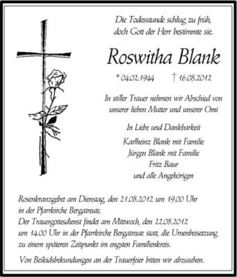  Traueranzeige für Roswitha Blank vom 20.08.2012 aus Schwäbische Zeitung