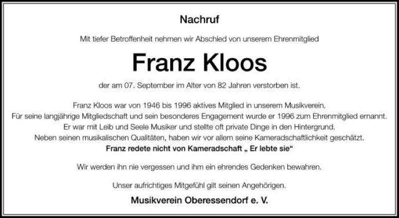  Traueranzeige für Franz Kloos vom 14.09.2012 aus Schwäbische Zeitung