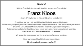 Anzeige von Franz Kloos von Schwäbische Zeitung