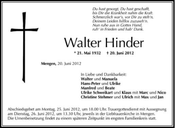 Anzeige von Walter Hinder von Schwäbische Zeitung