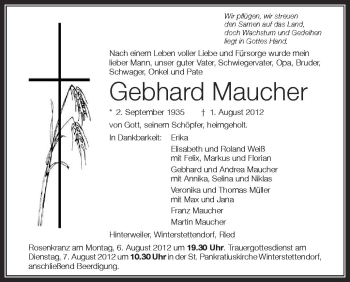 Anzeige von Gebhard Maucher von Schwäbische Zeitung