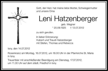 Anzeige von Leni Hatzenberger von Schwäbische Zeitung