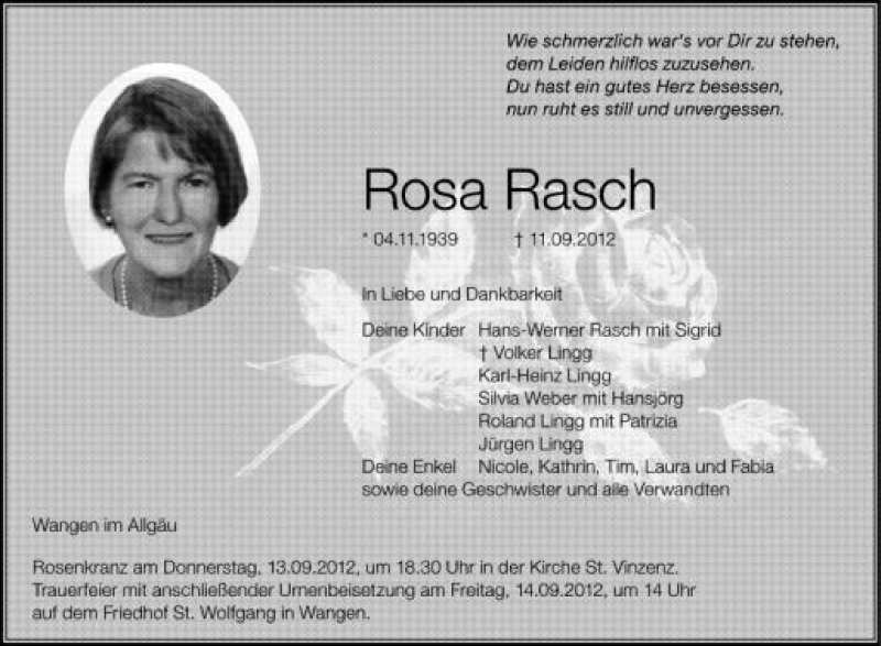  Traueranzeige für Rosa Rasch vom 12.09.2012 aus Schwäbische Zeitung