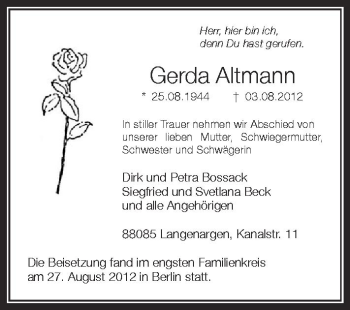Anzeige von Gerda Altmann von Schwäbische Zeitung