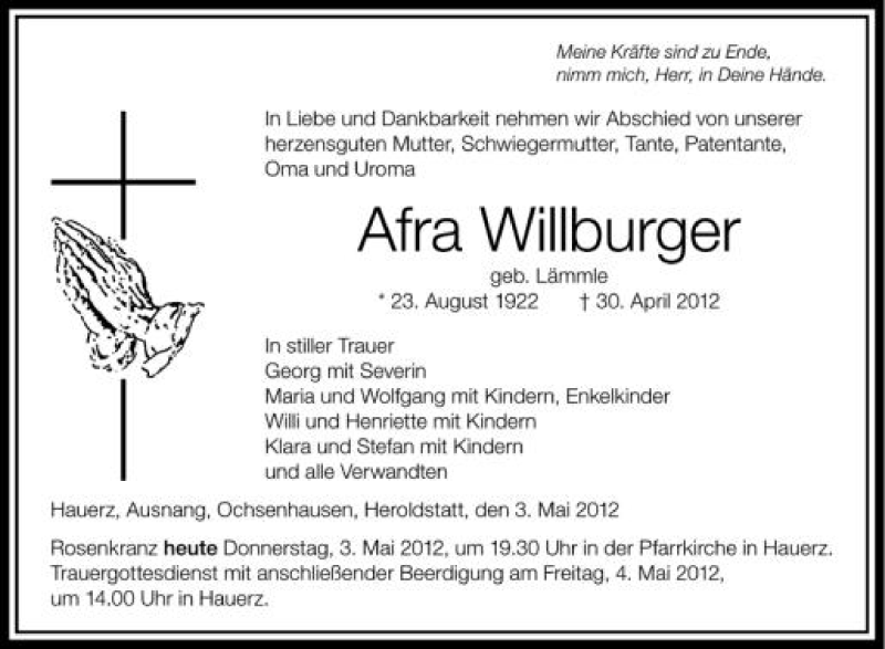 Traueranzeige für Afra Willburger vom 03.05.2012 aus Schwäbische Zeitung
