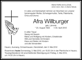 Anzeige von Afra Willburger von Schwäbische Zeitung