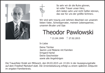 Anzeige von Theodor Pawlowski von Schwäbische Zeitung