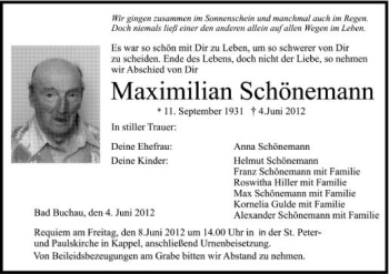 Anzeige von Maximilian Schönemann von Schwäbische Zeitung