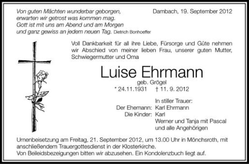  Traueranzeige für Lusie Ehrmann vom 19.09.2012 aus Schwäbische Zeitung