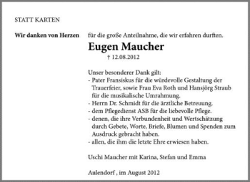 Anzeige von Eugen Maucher von Schwäbische Zeitung