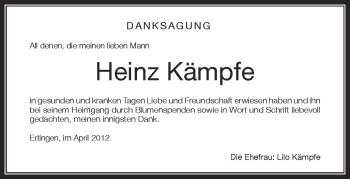 Anzeige von Heinz Kämpfe von Schwäbische Zeitung