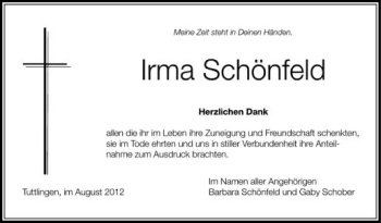 Anzeige von Irma Schönfeld von Schwäbische Zeitung