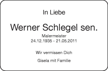 Anzeige von Werner Schlegel von Schwäbische Zeitung