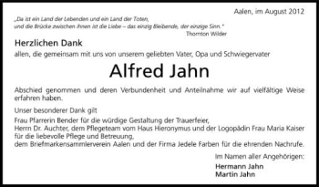 Anzeige von Alfred Jahn von Schwäbische Zeitung