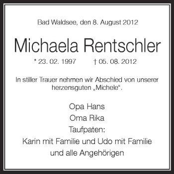 Anzeige von Michaela Rentschler von Schwäbische Zeitung
