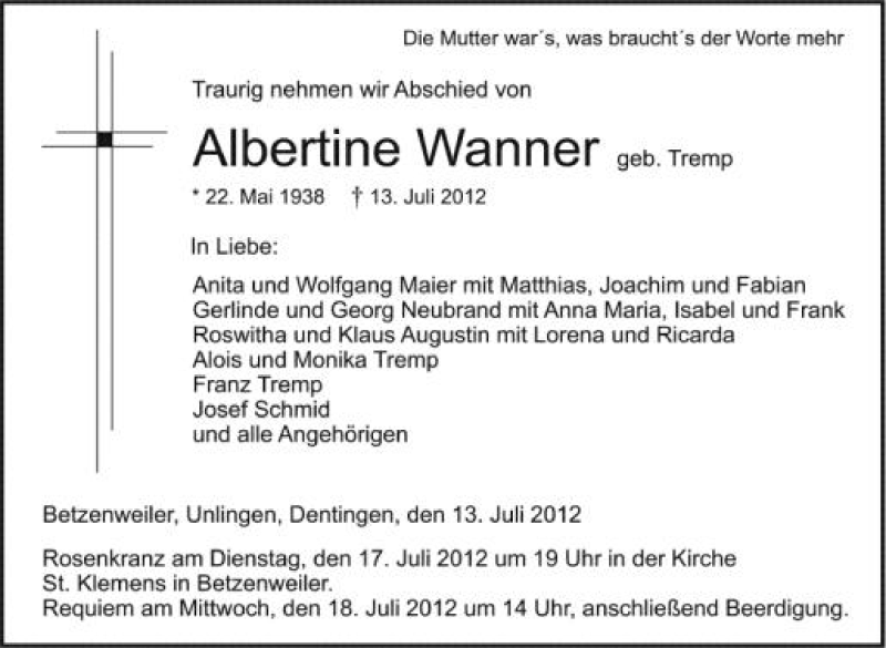  Traueranzeige für Albertine Wanner vom 16.07.2012 aus Schwäbische Zeitung