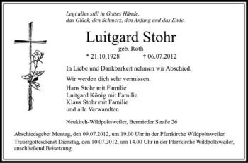 Anzeige von Luitgard Stohr von Schwäbische Zeitung