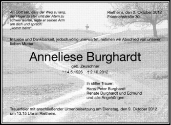 Anzeige von Anneliese Burghardt von Schwäbische Zeitung